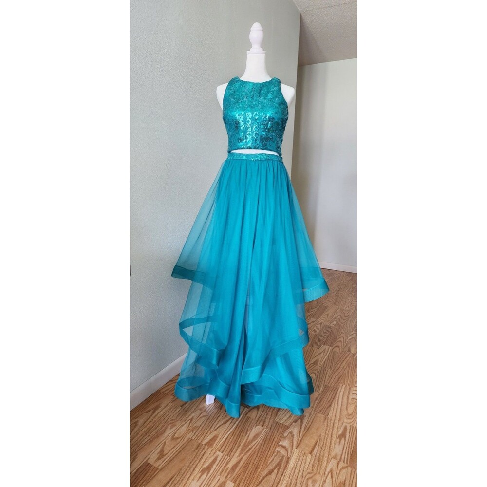 Teal 2-Piece Prom Dress Sequin Lace Crop Top High-Low Tulle Skirt Formal Evening